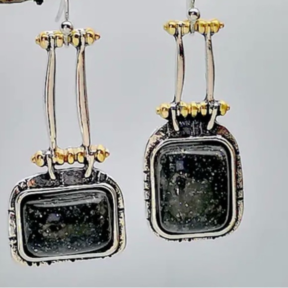 Black Gemstone Two Tone Metal, Hinged Dangle Earrings - Picture 2 of 4